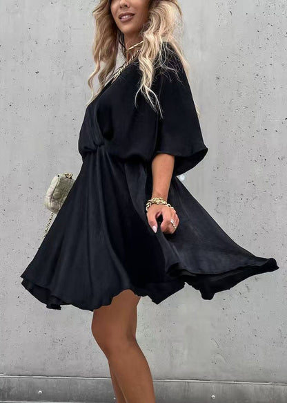 Olive Green V Neck Cotton Mid Dress Half Sleeve