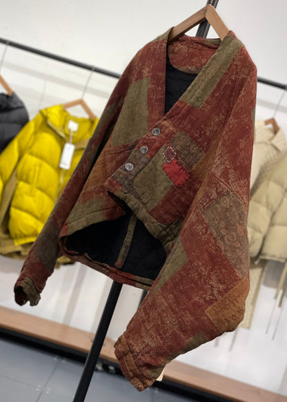 Orange Asymmetrical Pockets Print Cotton Filled Witner Coats