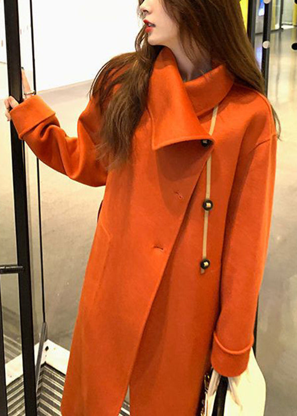Orange Asymmetrical Tie Waist Woolen Trench Fall