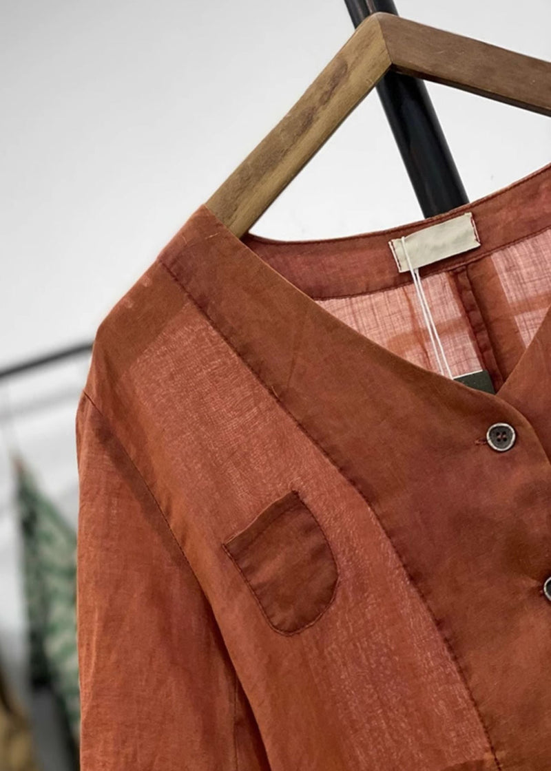 Orange Button Pockets Linen Cardigan Spring