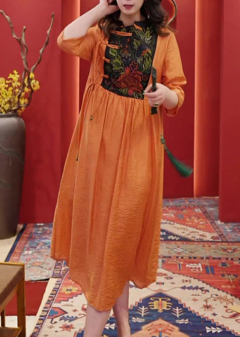 Orange Embroidered Button Cotton Dresses Half Sleeve