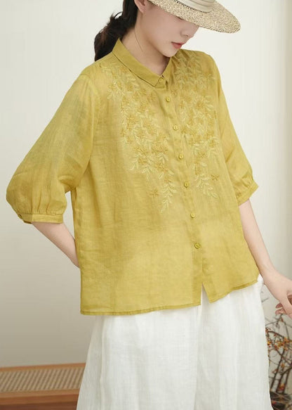 Orange Embroidered Linen Shirt Tops Bracelet Sleeve