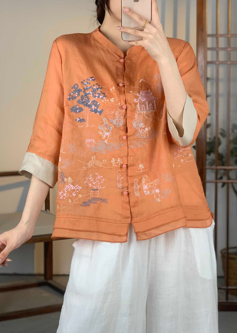 Orange Embroidered Patchwork Linen Shirt Bracelet Sleeve