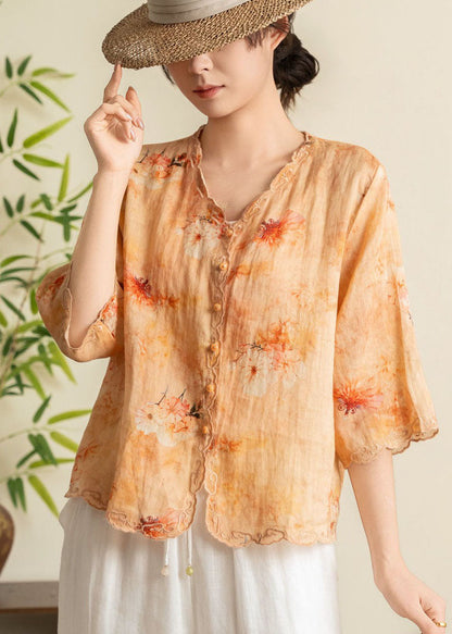 Orange Embroidered Print Linen Blouses Summer