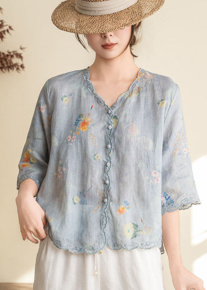 Orange Embroidered Print Linen Blouses Summer