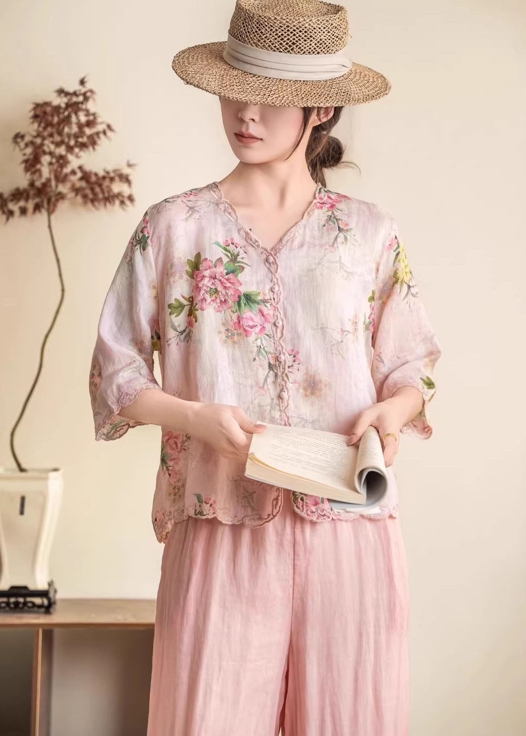 Orange Embroidered Print Linen Blouses Summer