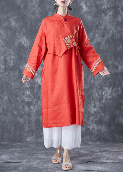 Orange Embroideried Lace Up Linen Holiday Dress Summer
