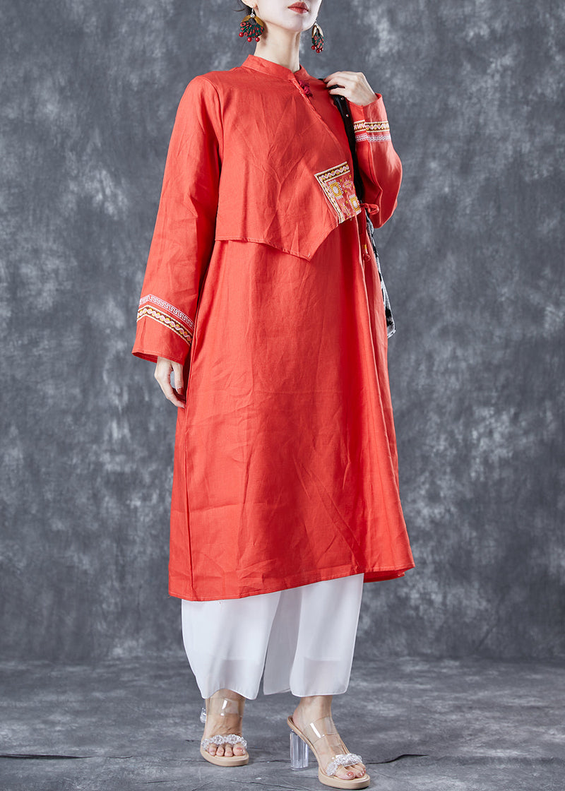 Orange Embroideried Lace Up Linen Holiday Dress Summer