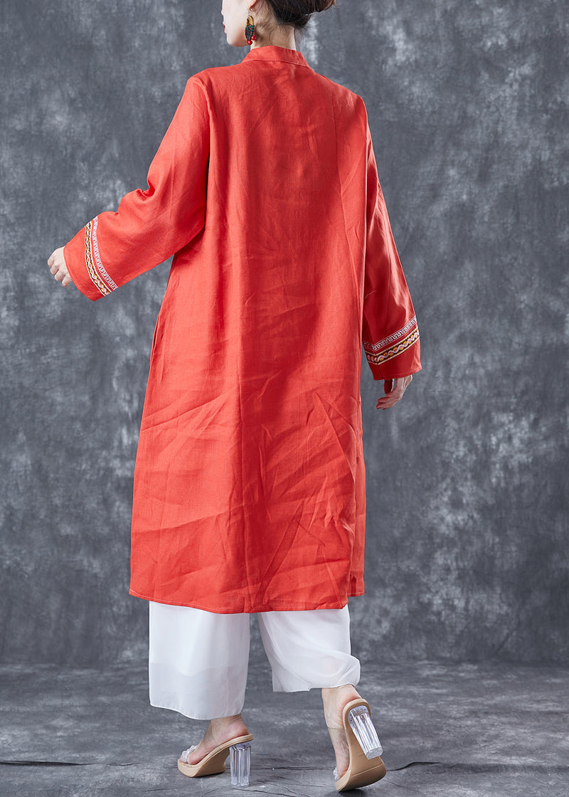 Orange Embroideried Lace Up Linen Holiday Dress Summer