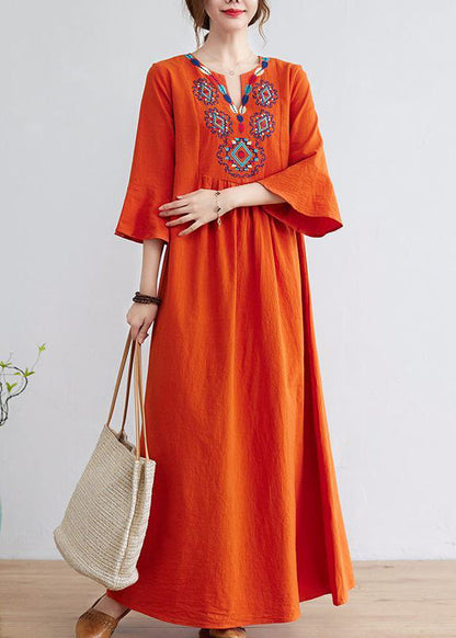 Orange Embroideried Wrinkled Cotton Maxi Dress Bracelet Sleeve