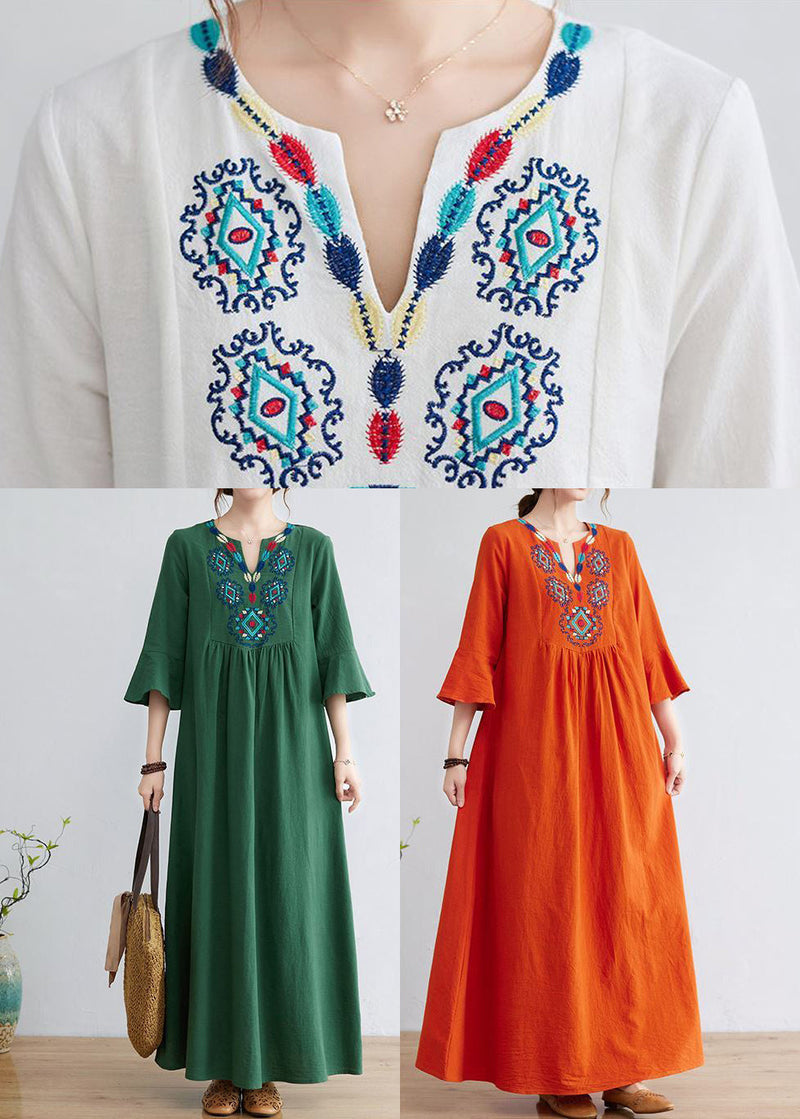 Orange Embroideried Wrinkled Cotton Maxi Dress Bracelet Sleeve