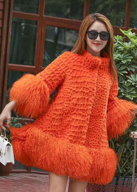 Orange Fluffy Patchwork Wool Coat Winter