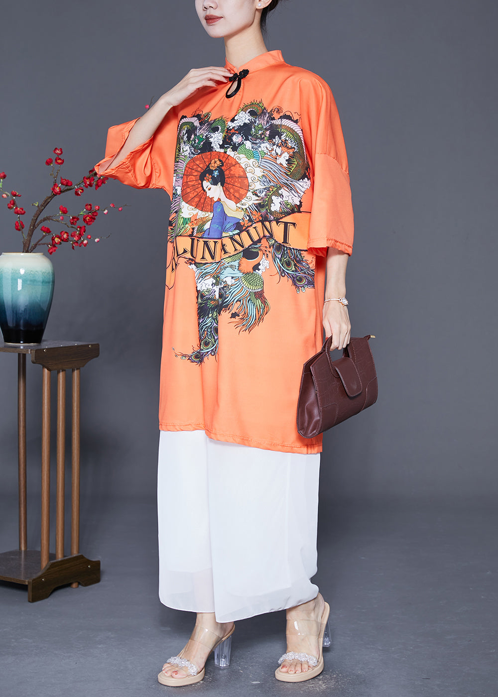 Orange Mandarin Collar Chinese Button Silk Dress Summer