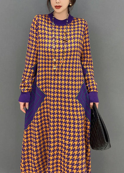 Orange O Neck Patchwork Knit Dress Winter