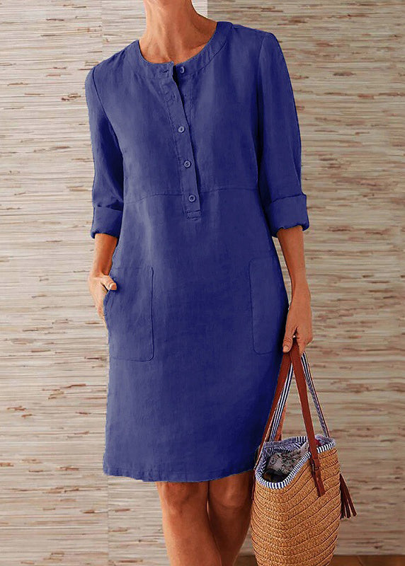 Orange O Neck Pockets Cotton Dress Fall