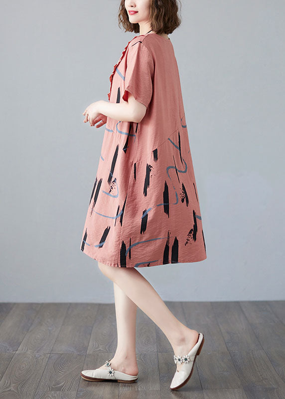 Orange O Neck Print Patchwork Cotton Mid Dress Summer