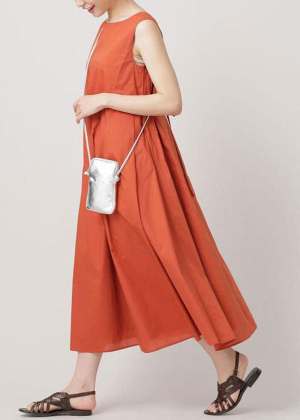 Orange O Neck Wrinkled Exra Large Hem Cotton Dresses Sleeveless