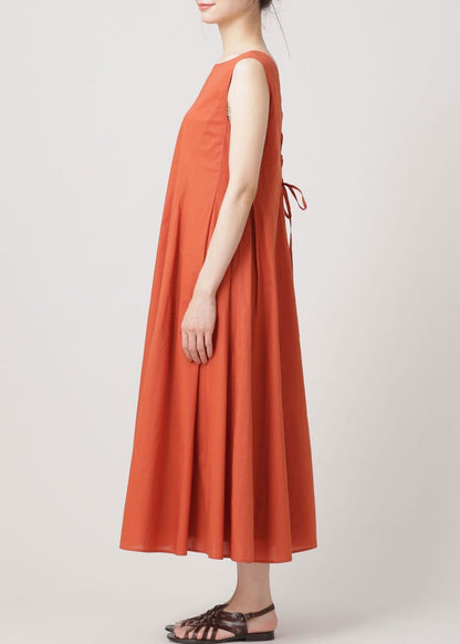 Orange O Neck Wrinkled Exra Large Hem Cotton Dresses Sleeveless