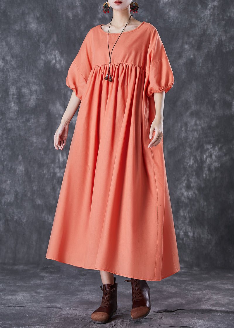 Orange Oversized Patchwork Linen Dress Puff Sleeve