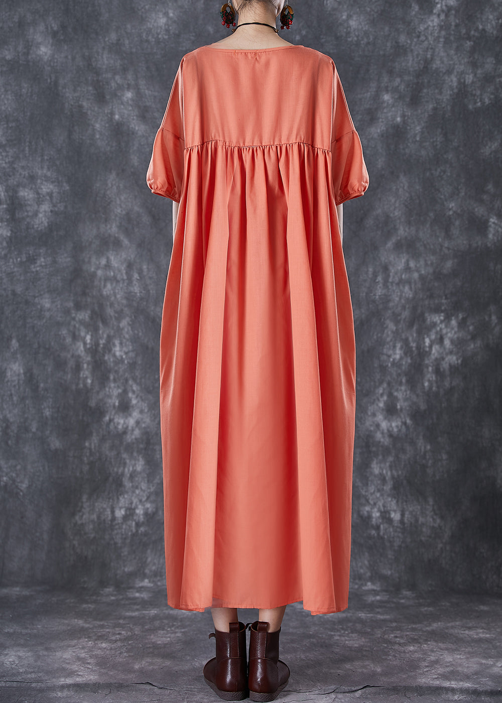 Orange Oversized Patchwork Linen Dress Puff Sleeve