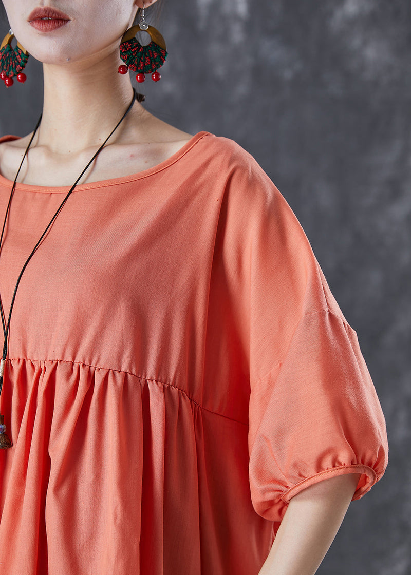 Orange Oversized Patchwork Linen Dress Puff Sleeve