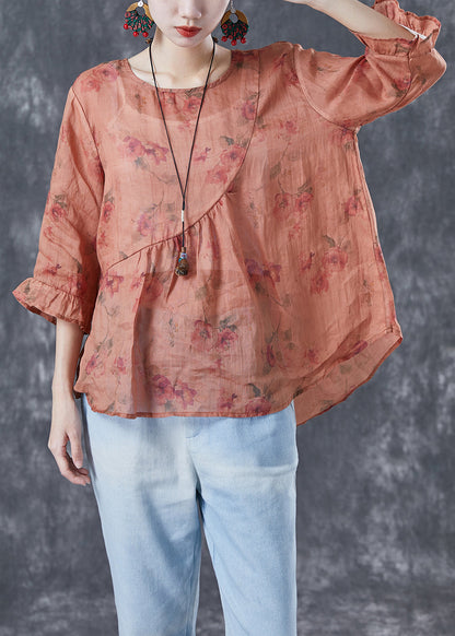Orange Oversized Print Linen Shirts Bracelet Sleeve