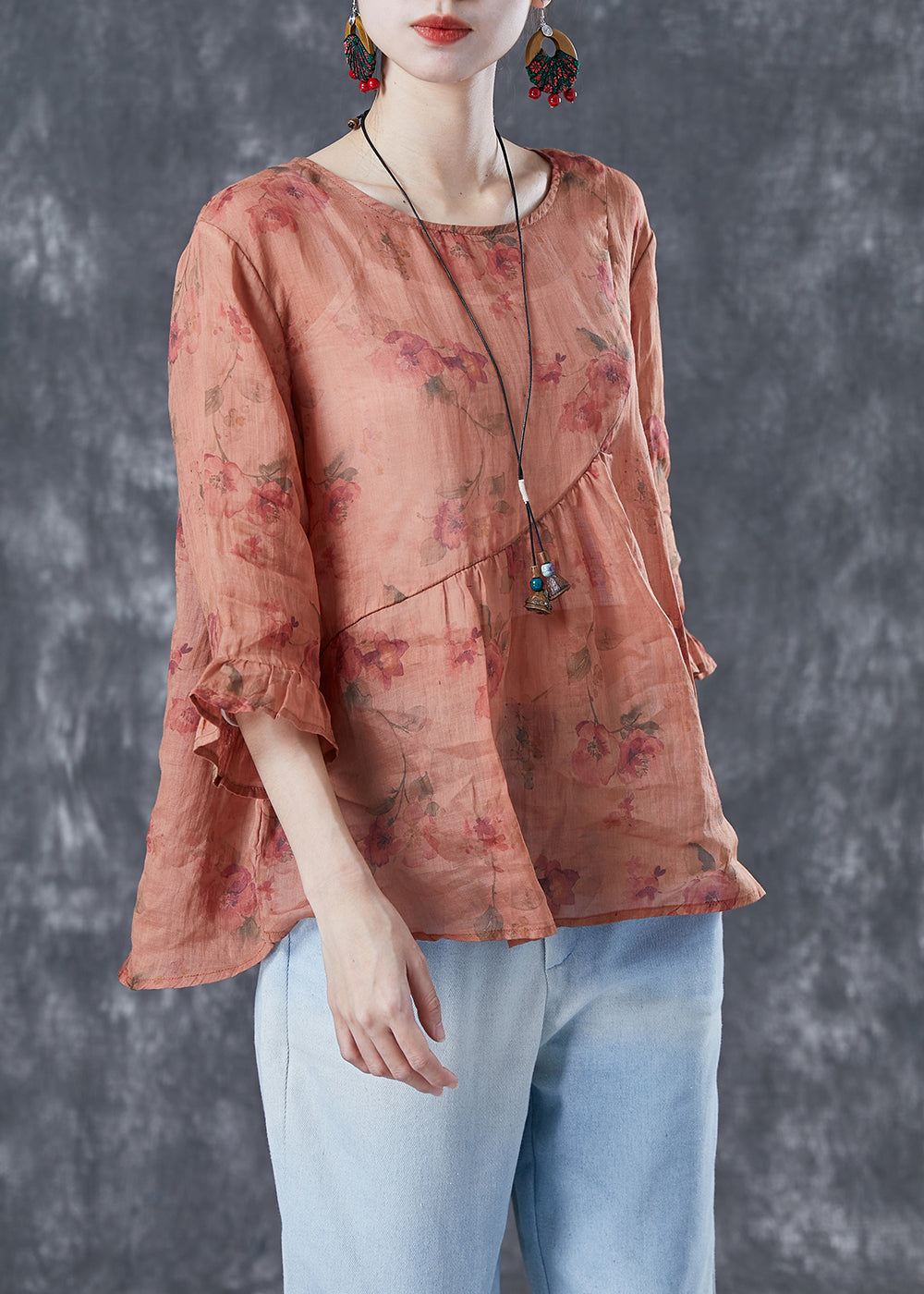 Orange Oversized Print Linen Shirts Bracelet Sleeve
