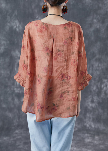 Orange Oversized Print Linen Shirts Bracelet Sleeve