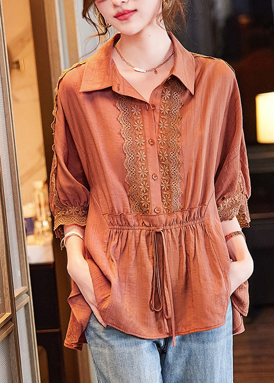 Orange Peter Pan Collar Lace Patchwork Drawstring Tie Waist Button Shirt Batwing Sleeve