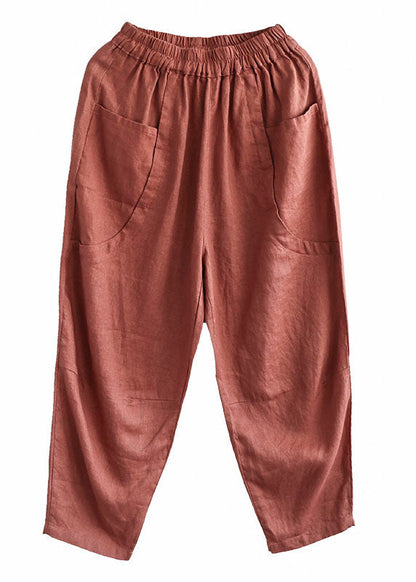 Orange Pockets Elastic Waist Patchwork Linen Crop Pants Summer