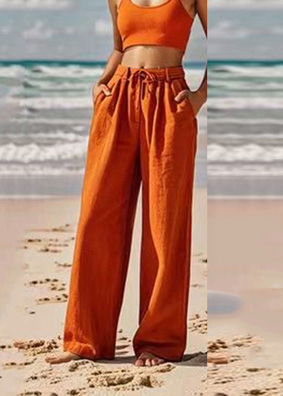 Orange Pockets Tie Waist Wide Leg Pants Summer
