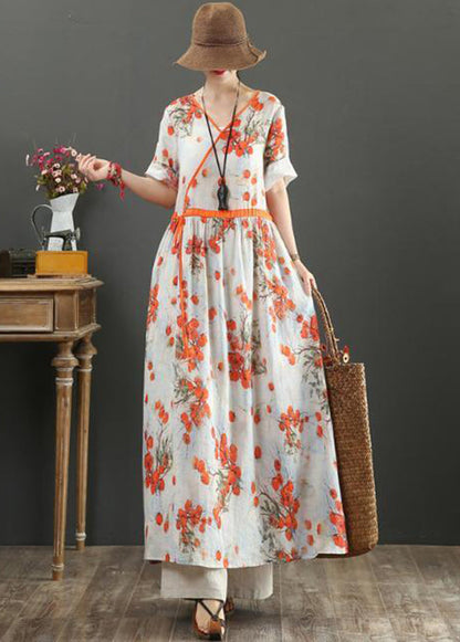Orange Print Tie Waist Exra Large Hem Cotton Dresses Summer