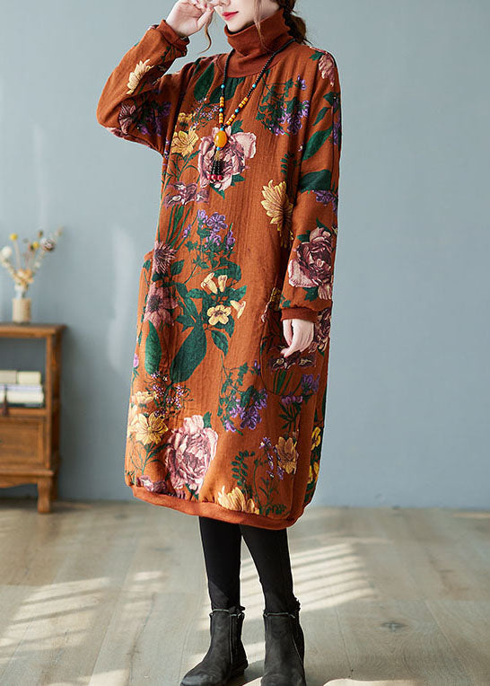 Orange Red Turtle Neck Print Warm Fleece Sweatshirts Dress Winter