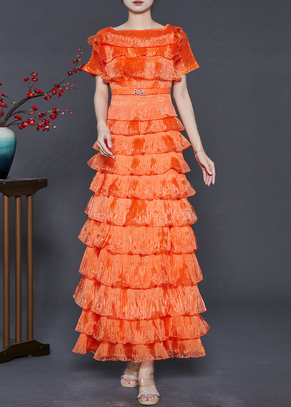 Orange Ruffled Patchwork Layered Organza Dresses Summer