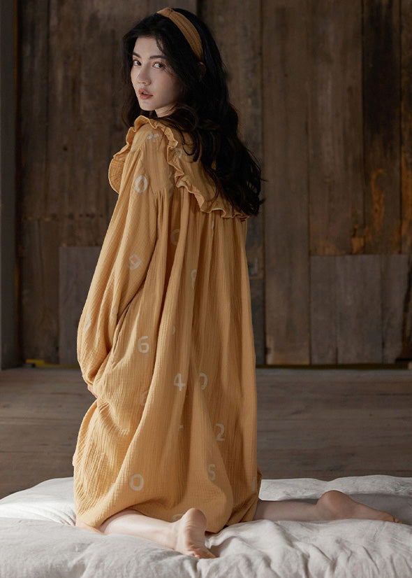 Orange Ruffled Print Cozy Cotton Maxi Dress Long Sleeve