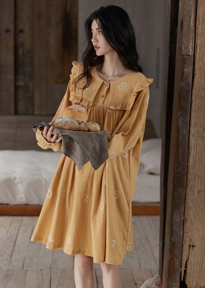 Orange Ruffled Print Cozy Cotton Maxi Dress Long Sleeve
