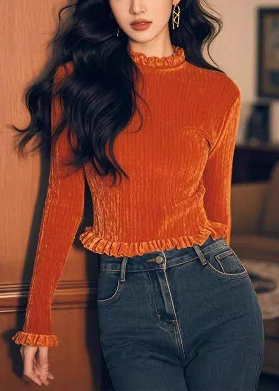 Orange Ruffled Silk Velour T Shirts Spring