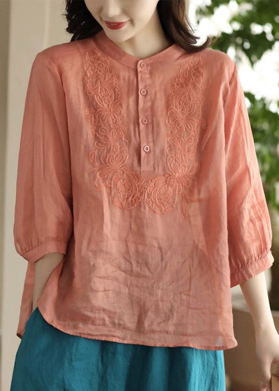 Orange Stand Collar Embroideried Shirt Long Sleeve