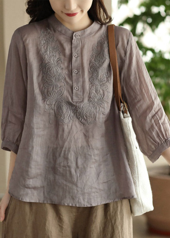 Orange Stand Collar Embroideried Shirt Long Sleeve
