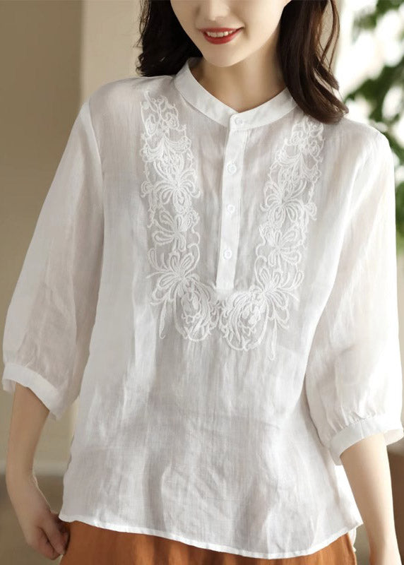 Orange Stand Collar Embroideried Shirt Long Sleeve