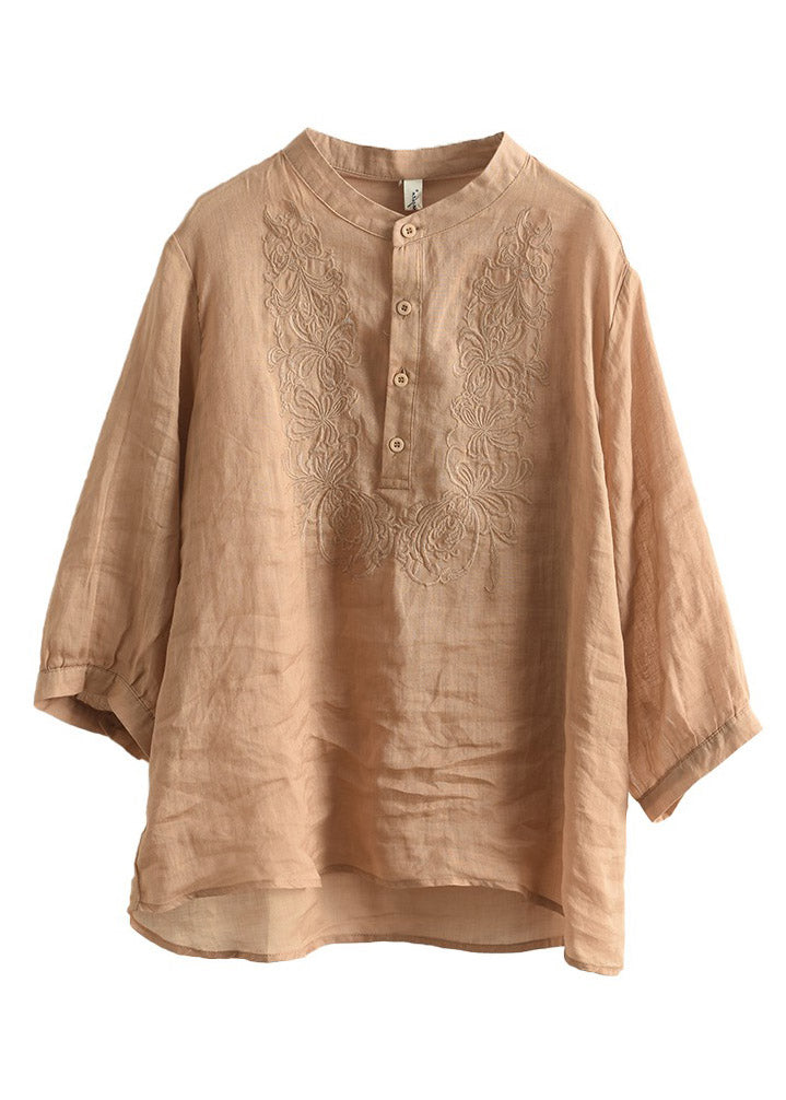 Orange Stand Collar Embroideried Shirt Long Sleeve