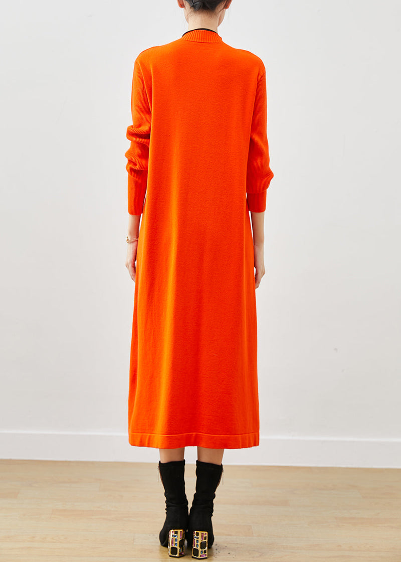 Orange Stand Collar Wrinkled Knit Dress Winter