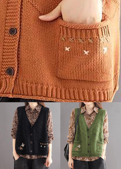 Orange V Neck Button Pockets Cotton Knit Waistcoat Sleeveless