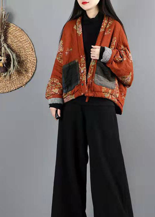 Orange V Neck Fine Cotton Filled Winter Outwear