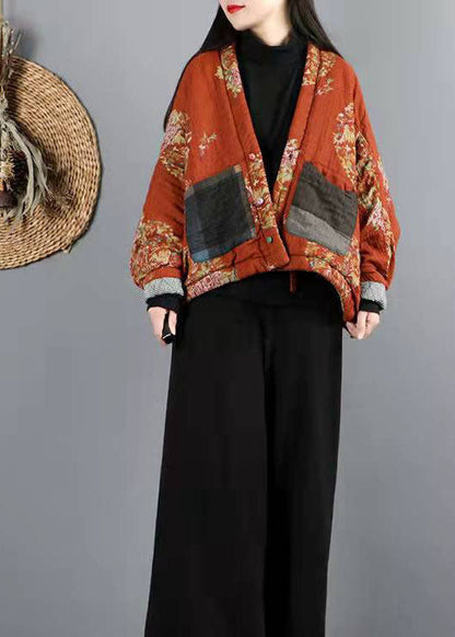 Orange V Neck Fine Cotton Filled Winter Outwear