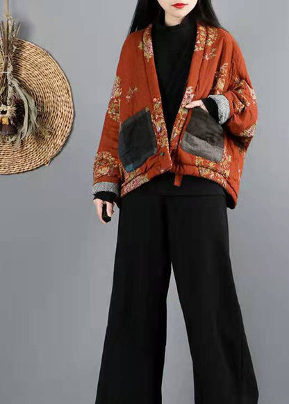 Orange V Neck Fine Cotton Filled Winter Outwear
