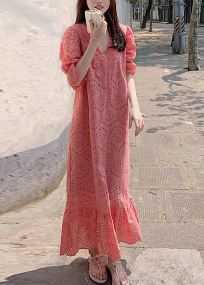 Orange V Neck Lace Patchwork Hollow Out Cotton Long Dresses Summer