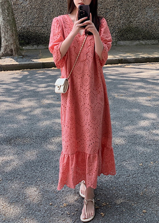 Orange V Neck Lace Patchwork Hollow Out Cotton Long Dresses Summer