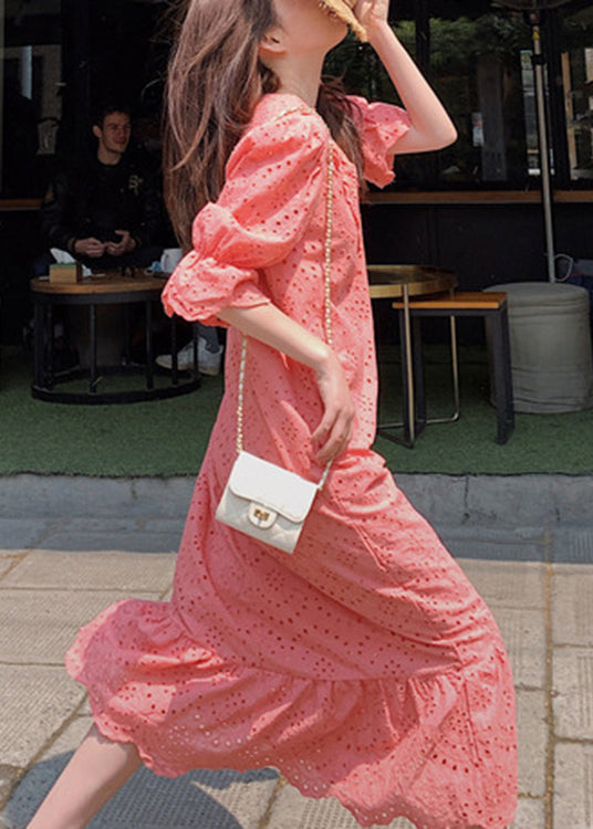 Orange V Neck Lace Patchwork Hollow Out Cotton Long Dresses Summer