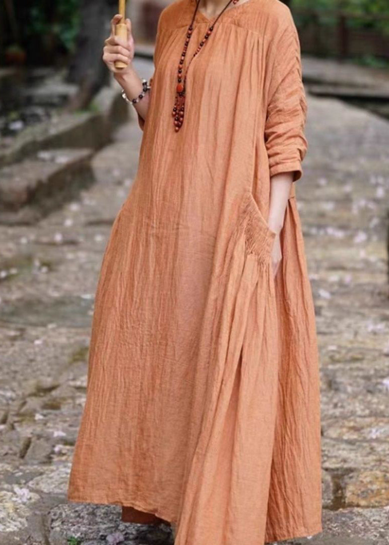 Orange V Neck Pockets Linen Long Dresses Bracelet Sleeve